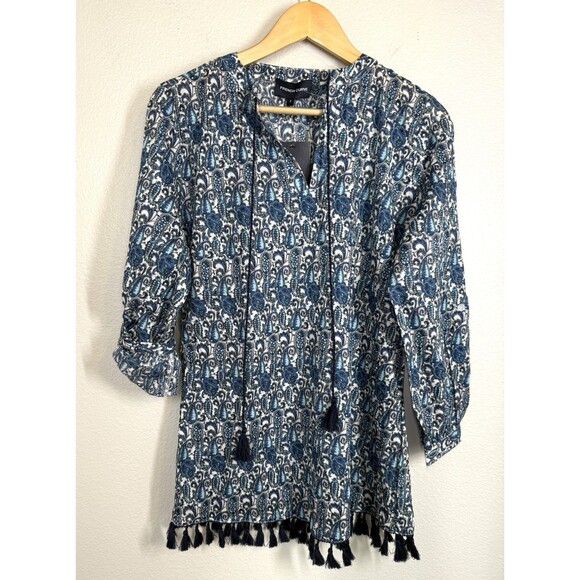 NWT French Curve Blue Paisley Cotton tunic Blouse Lightweight Sz S Tassels Top - Picture 5 of 7